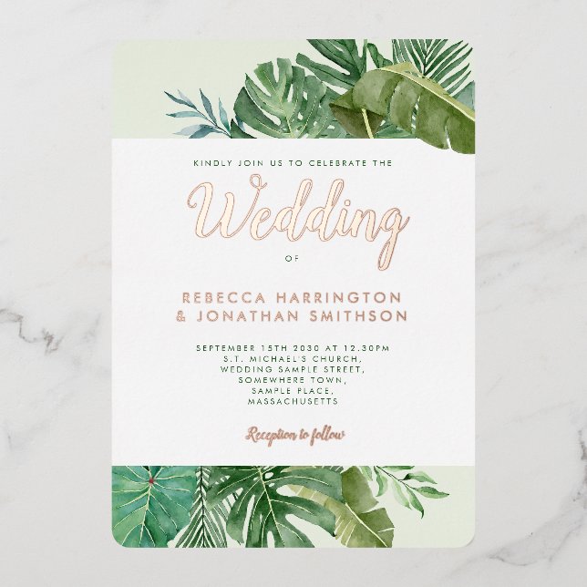 Tropical Greenerity Palm Leaf Gold Wedding Folieneinladung (Vorderseite)