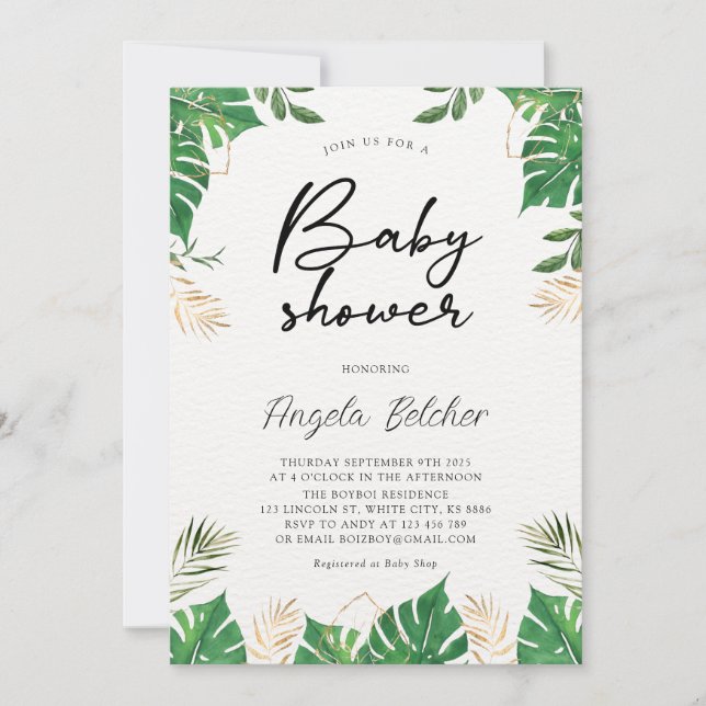 Tropical Greenery Baby Dusche Einladung (Vorderseite)