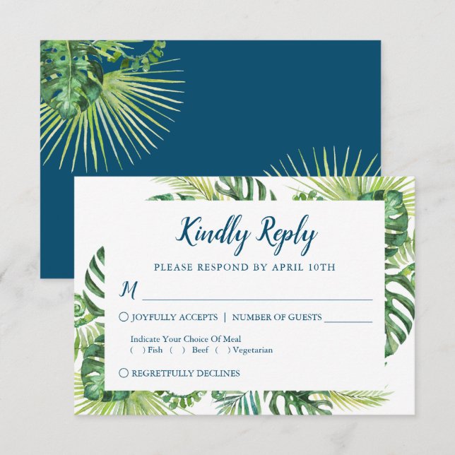 Tropical Greenery Blue Beach Wedding RSVP Card Karte (Vorne/Hinten)