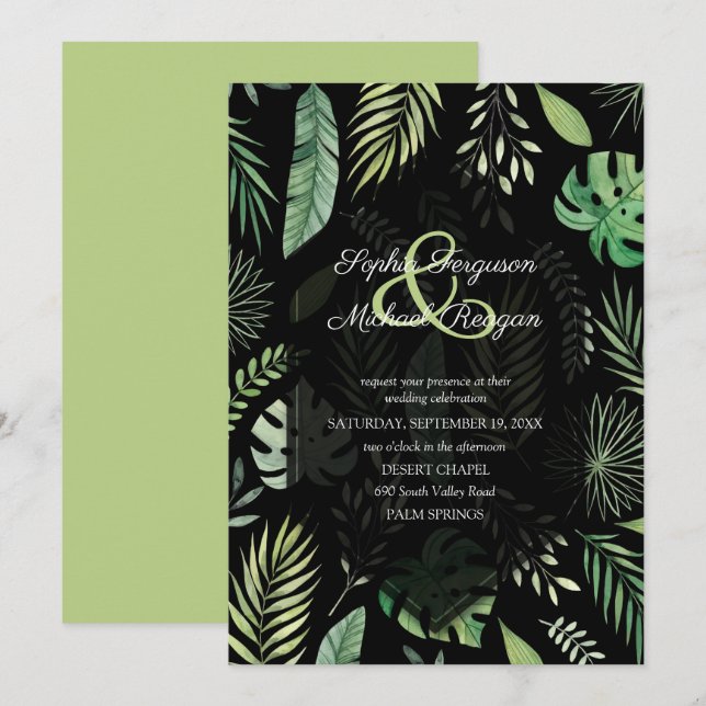 Tropical Greenery Botanical Black Wedding Einladun (Vorne/Hinten)