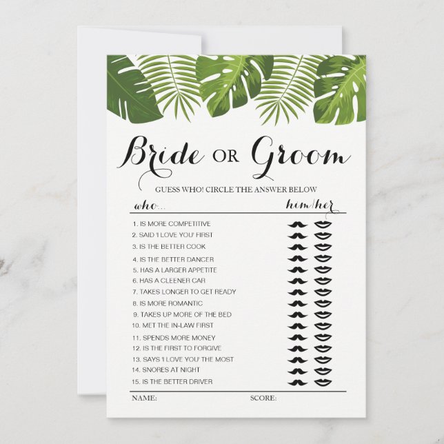Tropical Greenery Bride oder Groom Spiel bearbeitb Einladung (Vorderseite)