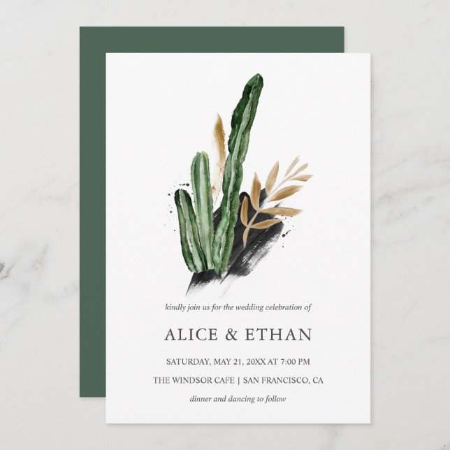 Tropical Greenery Cactus Wedding Einladung (Vorne/Hinten)