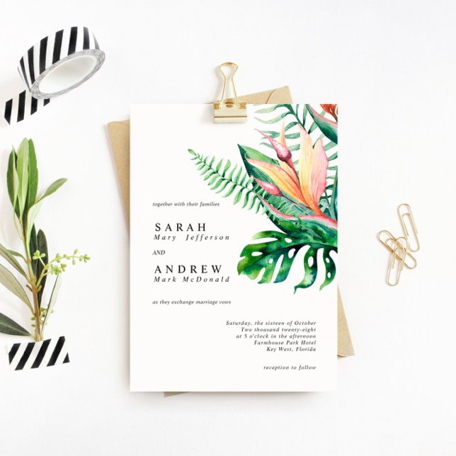 Tropical Greenery Flowers Modern Minimal Wedding Einladung (Von Creator hochgeladen)