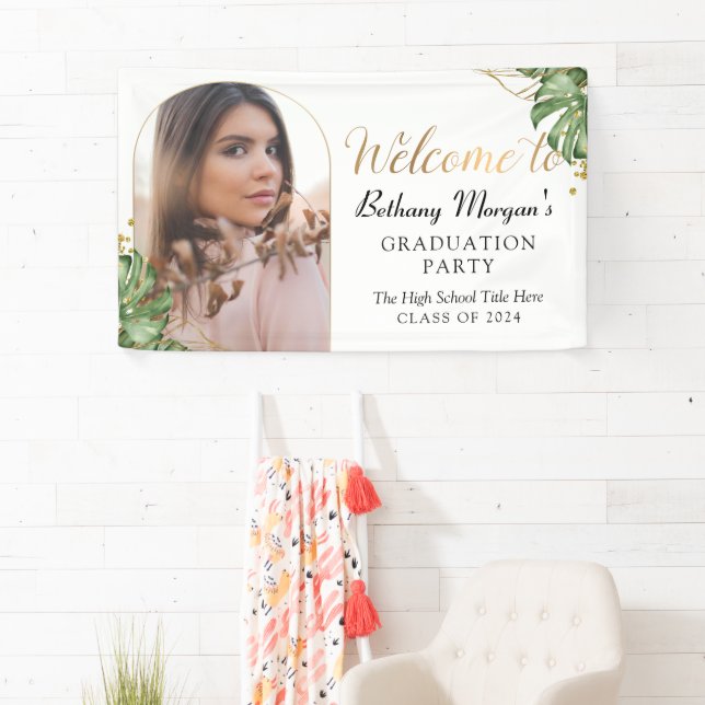 Tropical Greenery Gold Arch Foto Graduation Party Banner (Insitu)