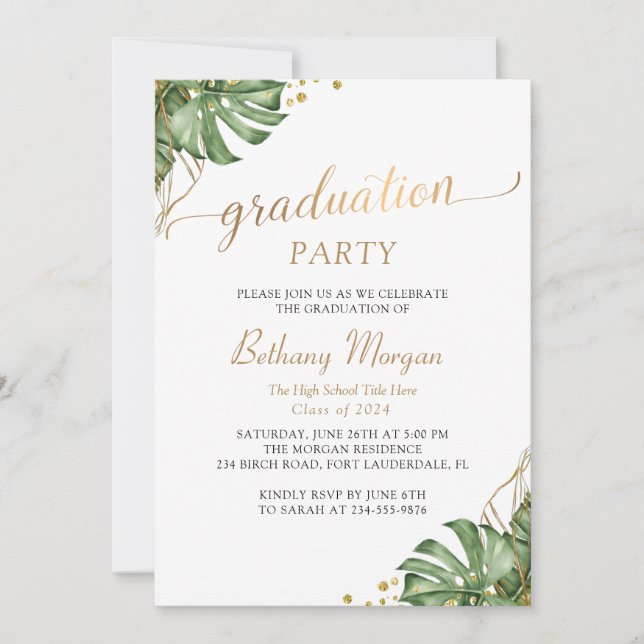 Tropical Greenery Gold Arch Foto Graduation Party Einladung (Vorderseite)