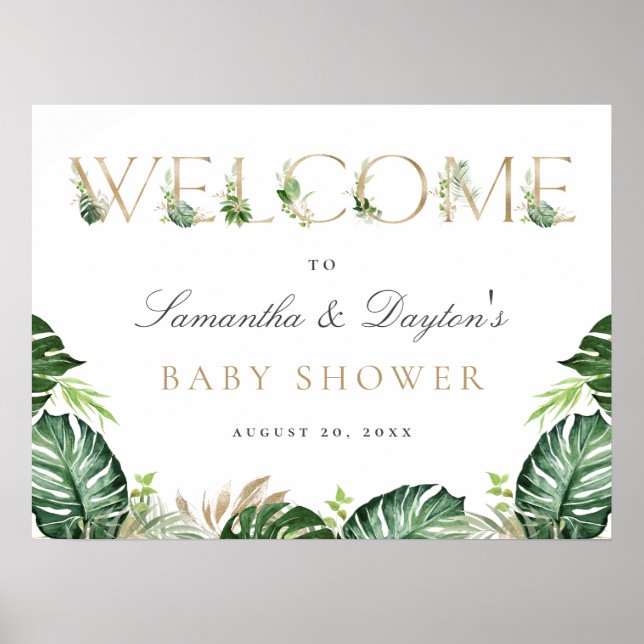 Tropical Greenery Gold Baby Dusche Begrüßungszeich Poster (Vorne)