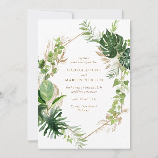 Tropical Greenery Gold Geometric Modern Wedding Einladung (Vorderseite)