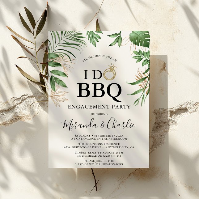 Tropical Greenery & Gold "I Do GRILLEN" Verlobung Einladung (Von Creator hochgeladen)
