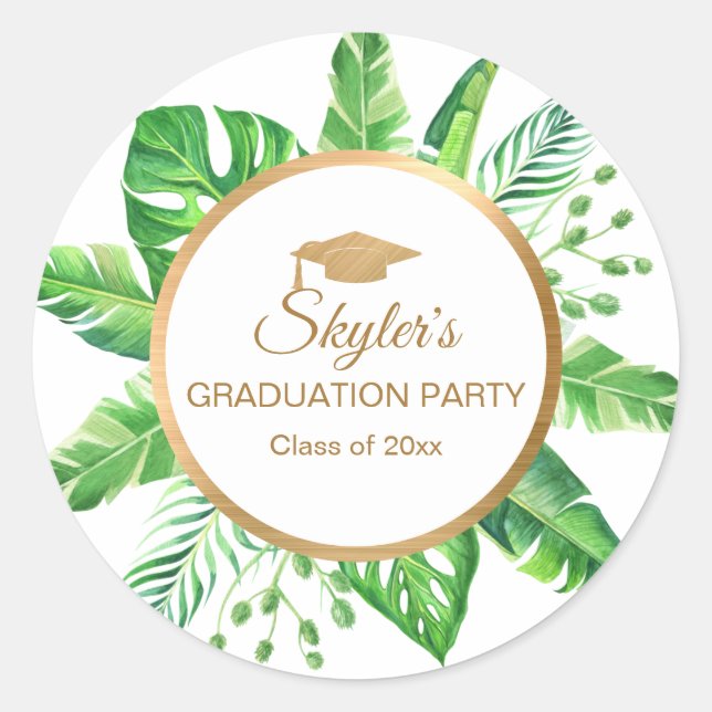Tropical Greenery Gold Themed Graduation Party Runder Aufkleber (Vorderseite)