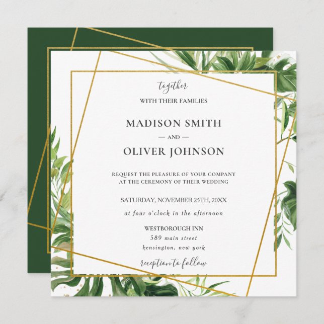 Tropical Greenery Leafy Gold Geometric Wedding Einladung (Vorne/Hinten)