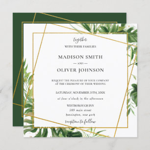 Tropical Greenery Leafy Gold Geometric Wedding Einladung