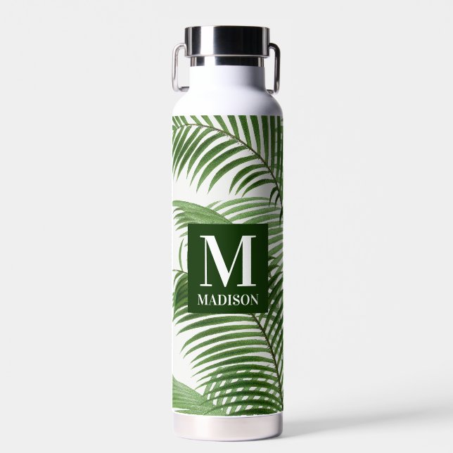 Tropical Greenery Palm Tree Mit Monogramm Trinkflasche (Vorne)