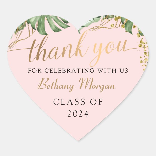 Tropical Greenery Pink Gold Abschluss Vielen Dank Herz-Aufkleber (Vorderseite)