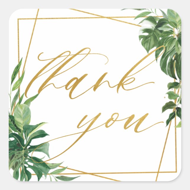 Tropical Greenery Wedding Gold Geometric Vielen Da Quadratischer Aufkleber (Vorderseite)