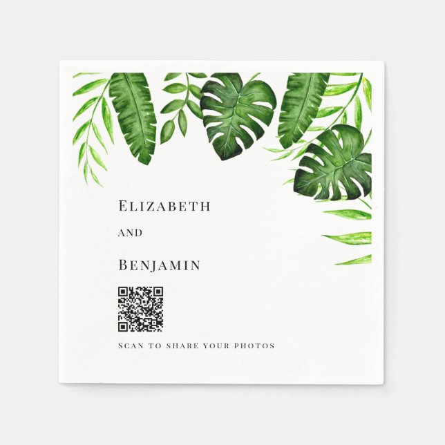 Tropical Greenery Wedding QR Code Photo Share Serviette (Vorderseite)