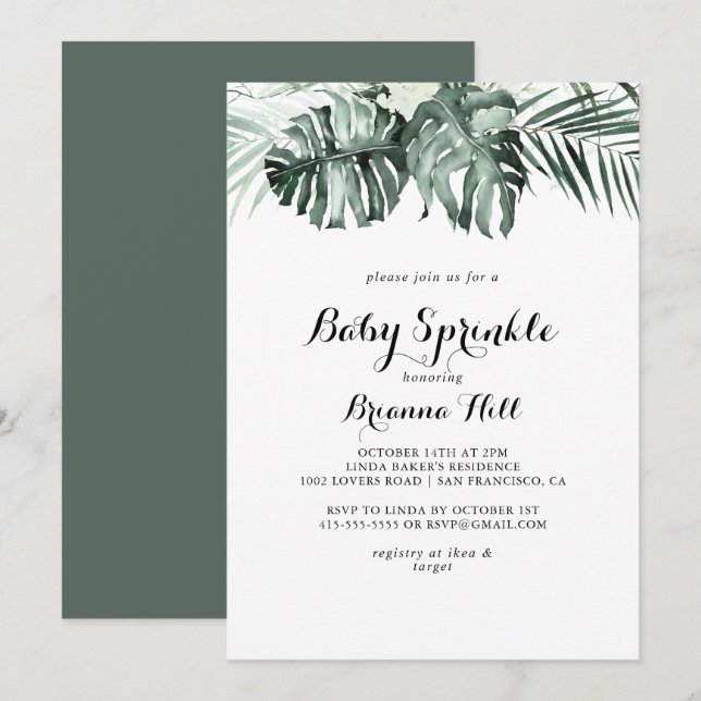 Tropical Greenery White Floral Baby Sprinkle Einladung (Vorne/Hinten)