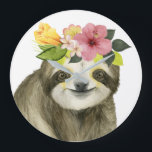 Tropical Halo | Sweet Sloth Große Wanduhr<br><div class="desc">Dieser Aquarelldruck ist mit einem mit einer Blumenkrone geschmückten Faultier versehen | Nach Grace Popp. Bild-ID: 123776GG</div>