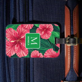 Tropical Hawaii Hibiskus Palm Blätter Monogram Gepäckanhänger