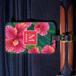Tropical Hawaii Hibiskus Palm Blätter Red Monogram Gepäckanhänger