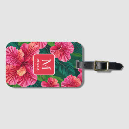 Tropical Hawaii Hibiskus Palm Blätter Red Monogram Gepäckanhänger
