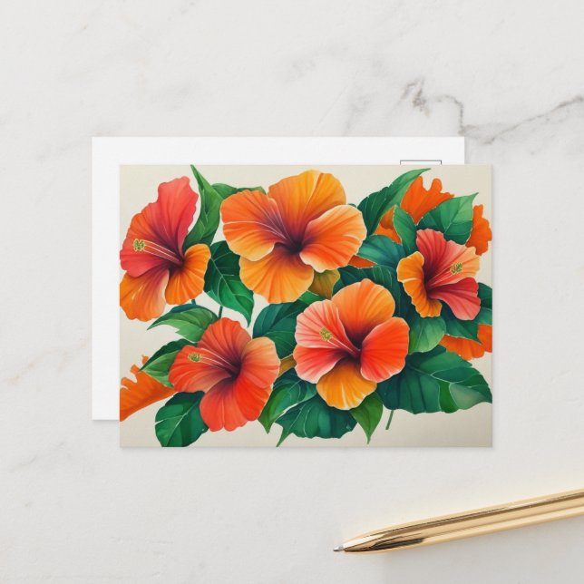 Tropical Hawaii Orange Hibiskus Blume Postkarte (Vorderseite/Rückseite Beispiel)