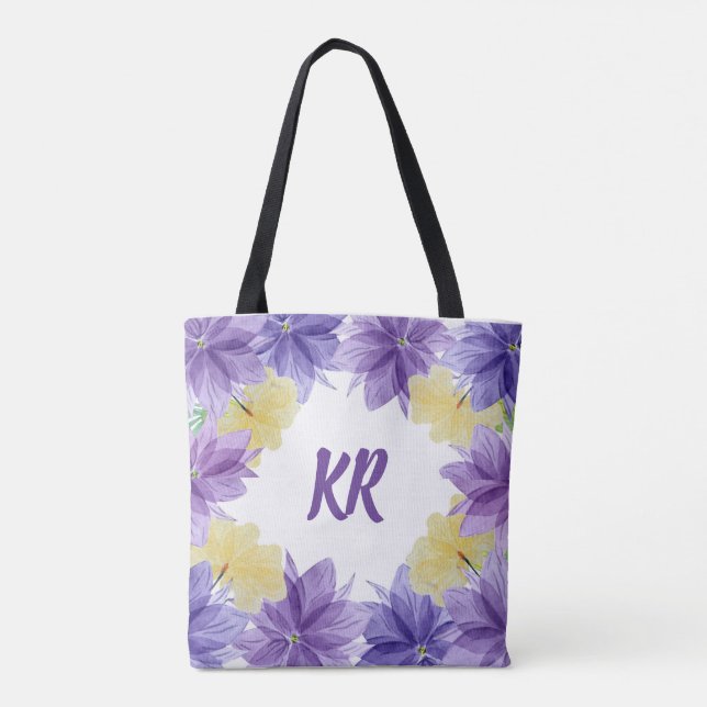 Tropical Hawaii Purple Flowers Mit Monogramm Tasche (Rückseite)