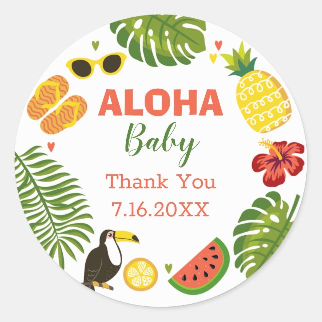 Tropical Hawaiian Aloha Baby Dusche Runder Aufkleber (Vorderseite)