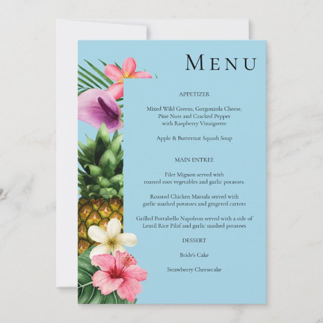 Tropical Hawaiian Floral Menu - Blau Einladung (Vorderseite)