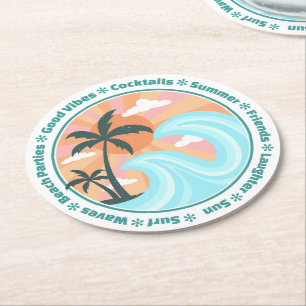 Tropical Hawaiian Island Palm Trees Good Vibes Runder Pappuntersetzer