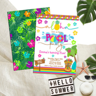 Tropical Hawaiian Luau Pool Party Kind's Geburtsta Einladung