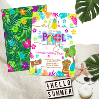 Tropical Hawaiian Luau Pool Party Kind's Geburtsta Einladung
