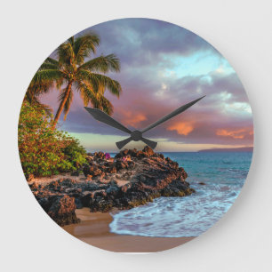 Tropical Hawaiian Palm Tree Sandy Beach Paradise Große Wanduhr