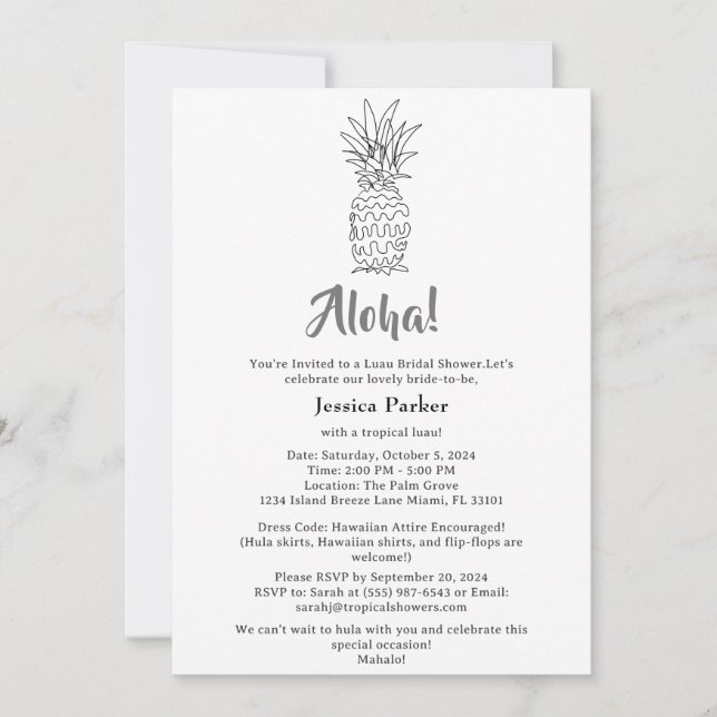Tropical Hawaiian Themed Luau Brautparty Einladung (Vorderseite)