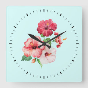 Tropical hibiscus floral quadratische wanduhr