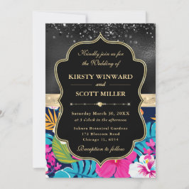 Tropical Hibiscus Glitter Wedding Einladung