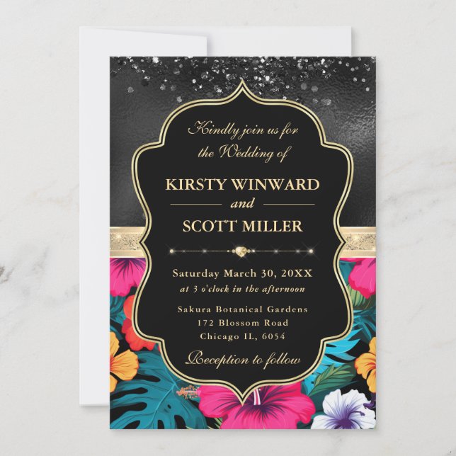 Tropical Hibiscus Glitter Wedding Einladung (Vorderseite)
