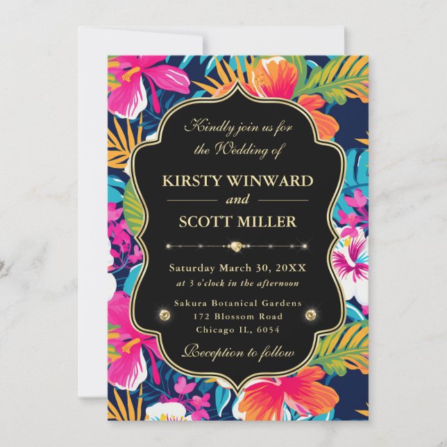 Tropical Hibiscus Gold Wedding Einladung (Vorderseite)