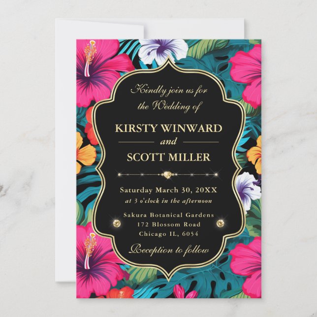 Tropical Hibiscus Gold Wedding Einladung (Vorderseite)