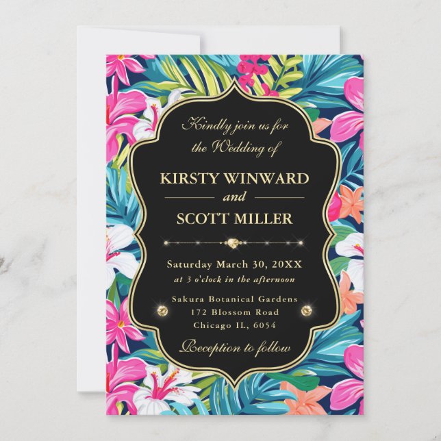 Tropical Hibiscus Gold Wedding Einladung (Vorderseite)