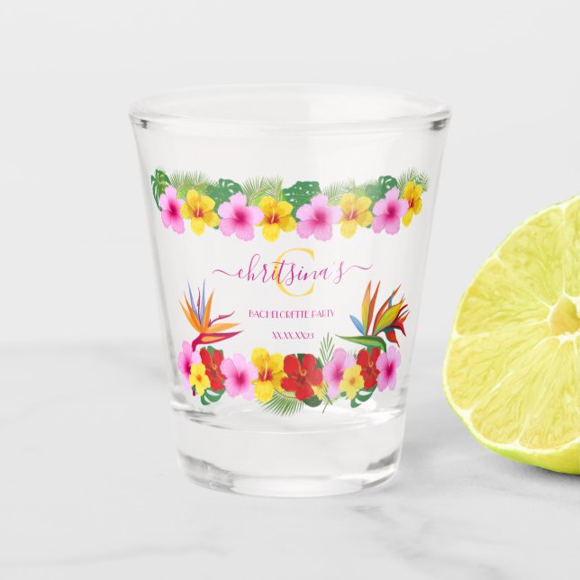 Tropical Hibiskus Beach Bachelorette Schnapsglas (Vorderseite)