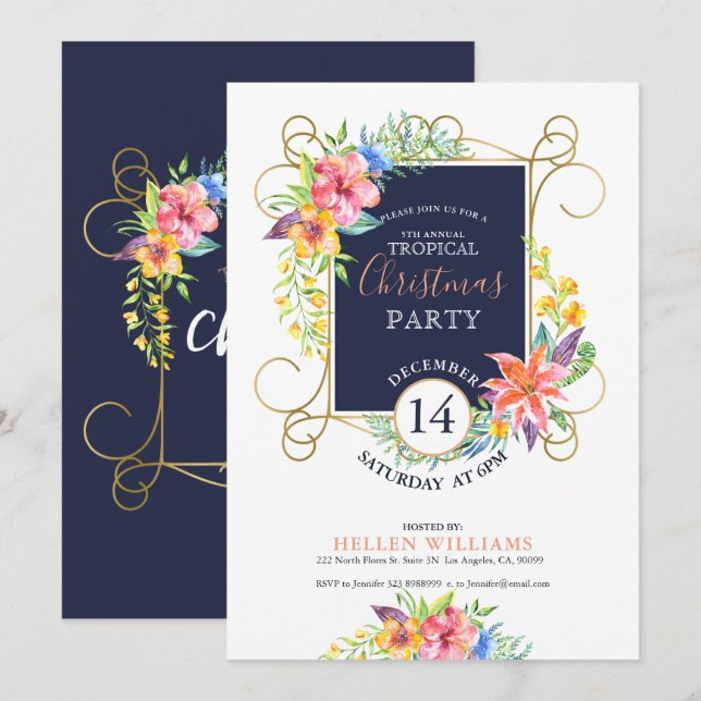 Tropical Holiday Cheers Blume & Gold Frame Einladung (Vorne/Hinten)