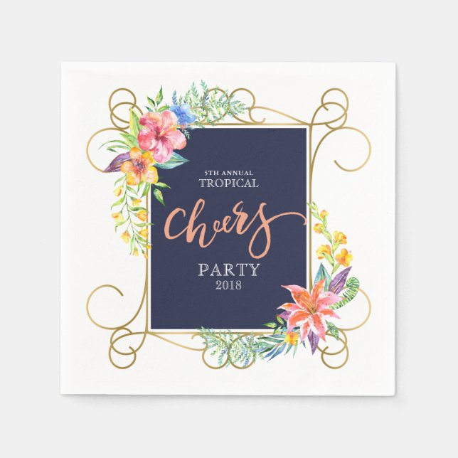Tropical Holiday Cheers Blume & Gold Frame Serviette (Vorderseite)