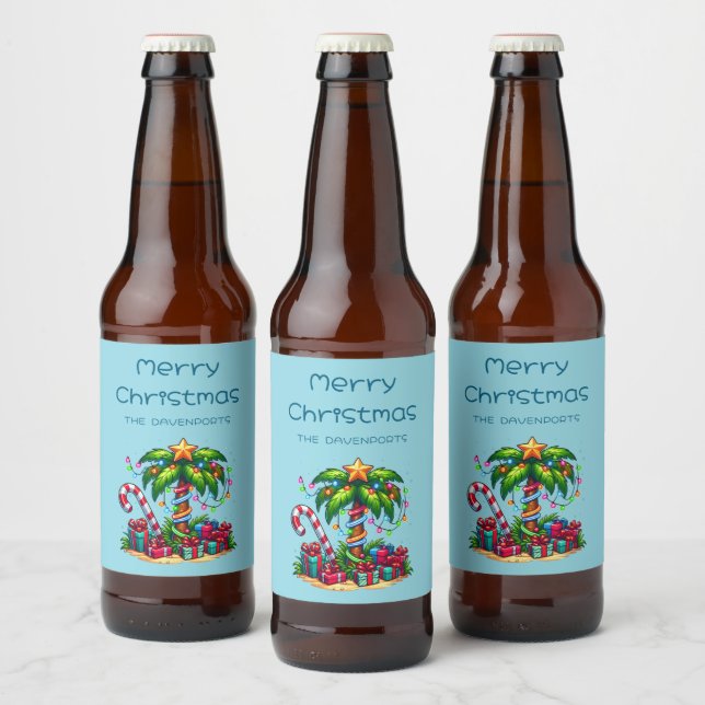 Tropical Holiday Palm Tree Frohe Weihnachten Bierflaschenetikett (Flaschen)