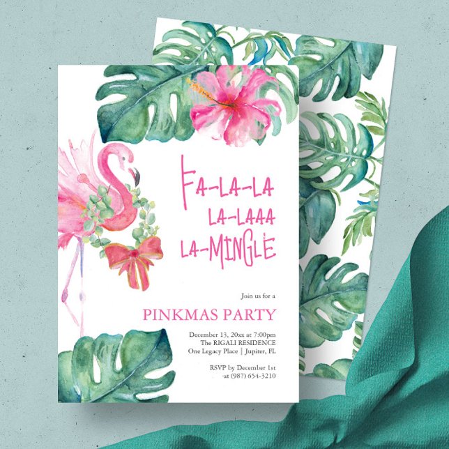 Tropical Holiday Party Einladung (Christmas invitation with watercolor pink flamingo and palm leaf art by Victoria Grigaliunas pinkmas)