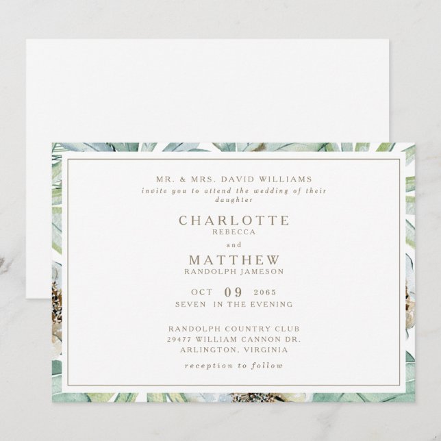 Tropical Horizontal Gold White Wedding Einladung (Vorne/Hinten)