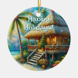 Tropical Hut Weihnachts Palm Tree Beach Lights Keramik Ornament