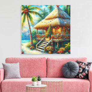 Tropical Hut Weihnachts Palm Tree Beach Lights Leinwanddruck