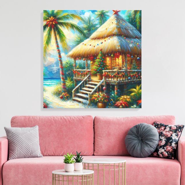 Tropical Hut Weihnachts Palm Tree Beach Lights Leinwanddruck (Insitu (Wohnzimmer))