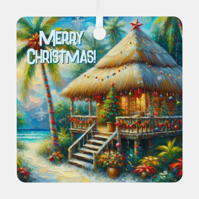 Tropical Hut Weihnachts Palm Tree Beach Lights Ornament Aus Metall (Vorderseite)
