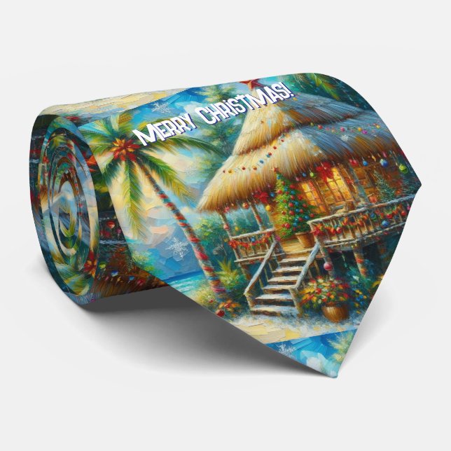 Tropical Hut Weihnachtspalme Baumküste Krawatte (Gerollt)